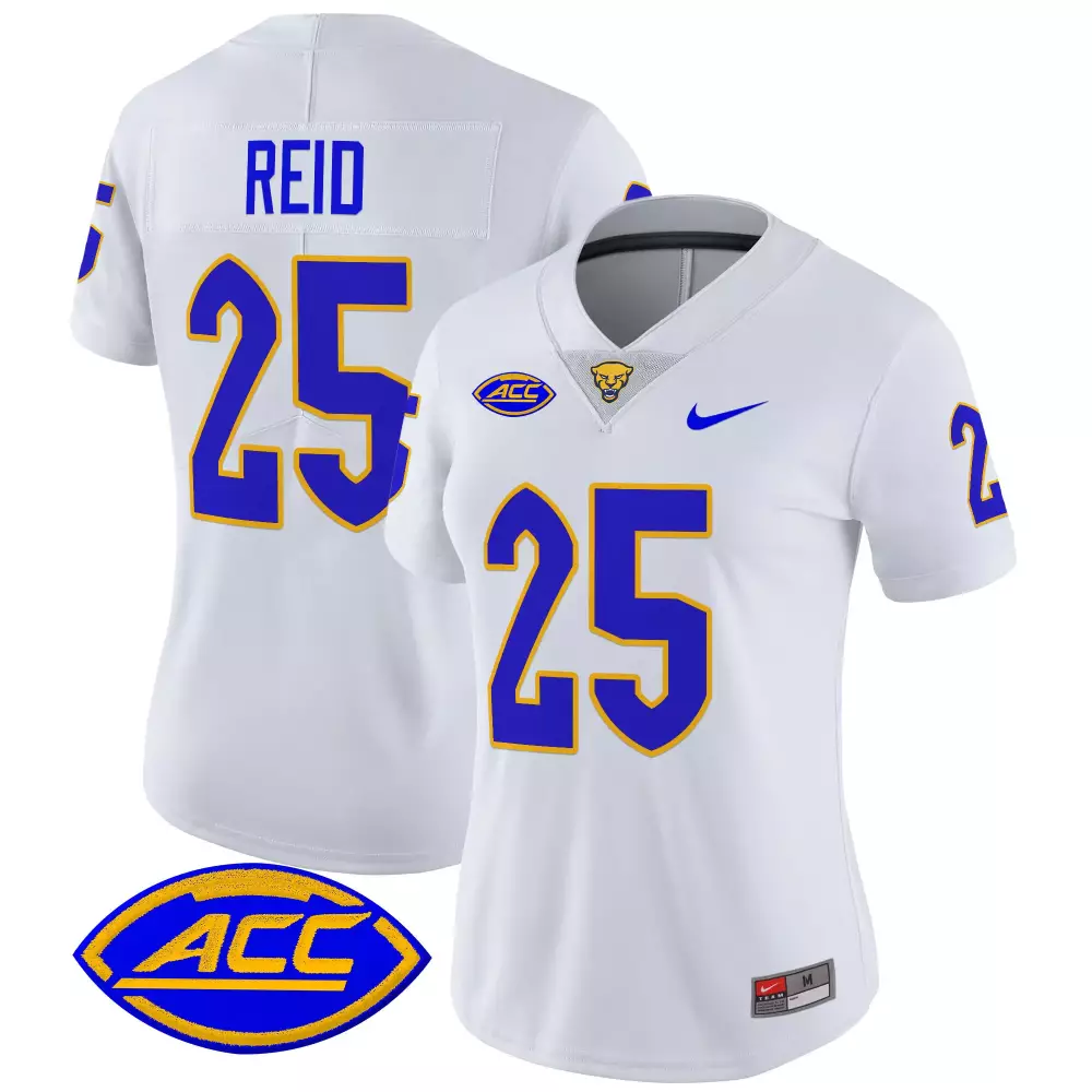 Reid ACC 25 Pittsburgh Panthers Jersey White Women Blue Gold Vapor Limited Embroidered