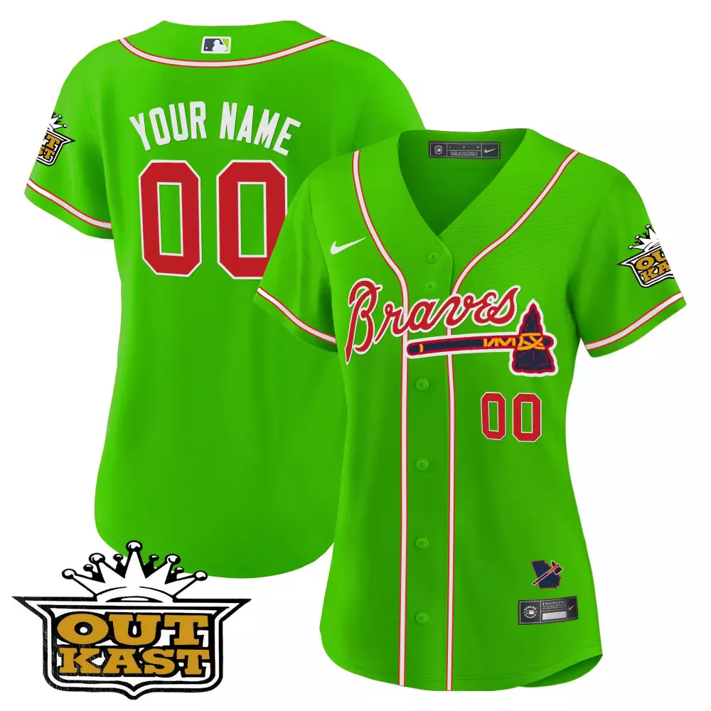 Custom Braves Jersey Green Outkast Men Red White Flex Base v2 All Stitched