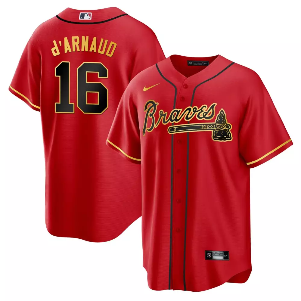 D Arnaud 16 Braves Jersey Red Men Black Gold All Stitched Vapor