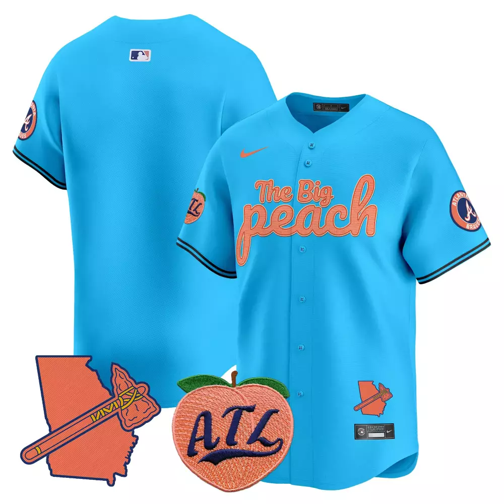 The Big Peach Atlanta Braves Jersey Light Blue City Connect Georgia Outline Tomahawk