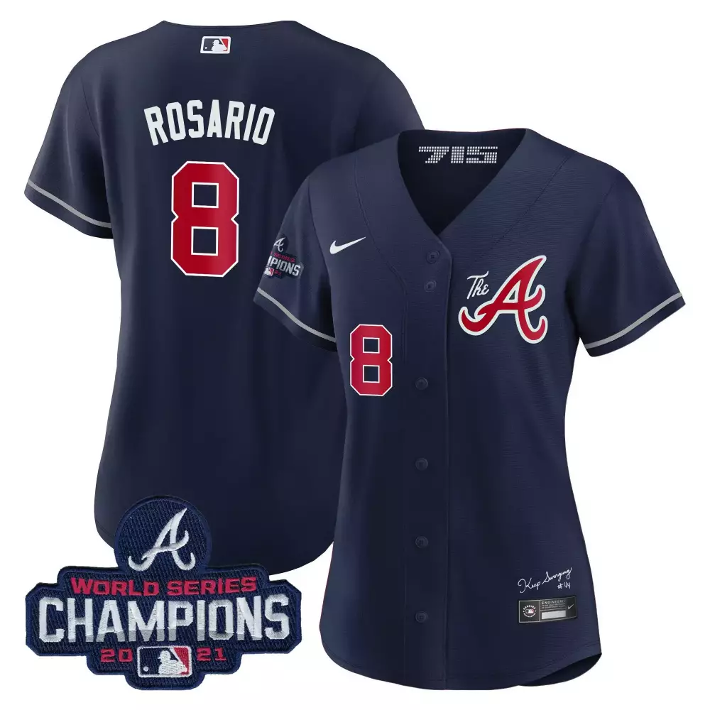 Eddie Rosario 8 Atlanta Braves Jersey Navy Blue World Series Champions 2021 Men Button-up
