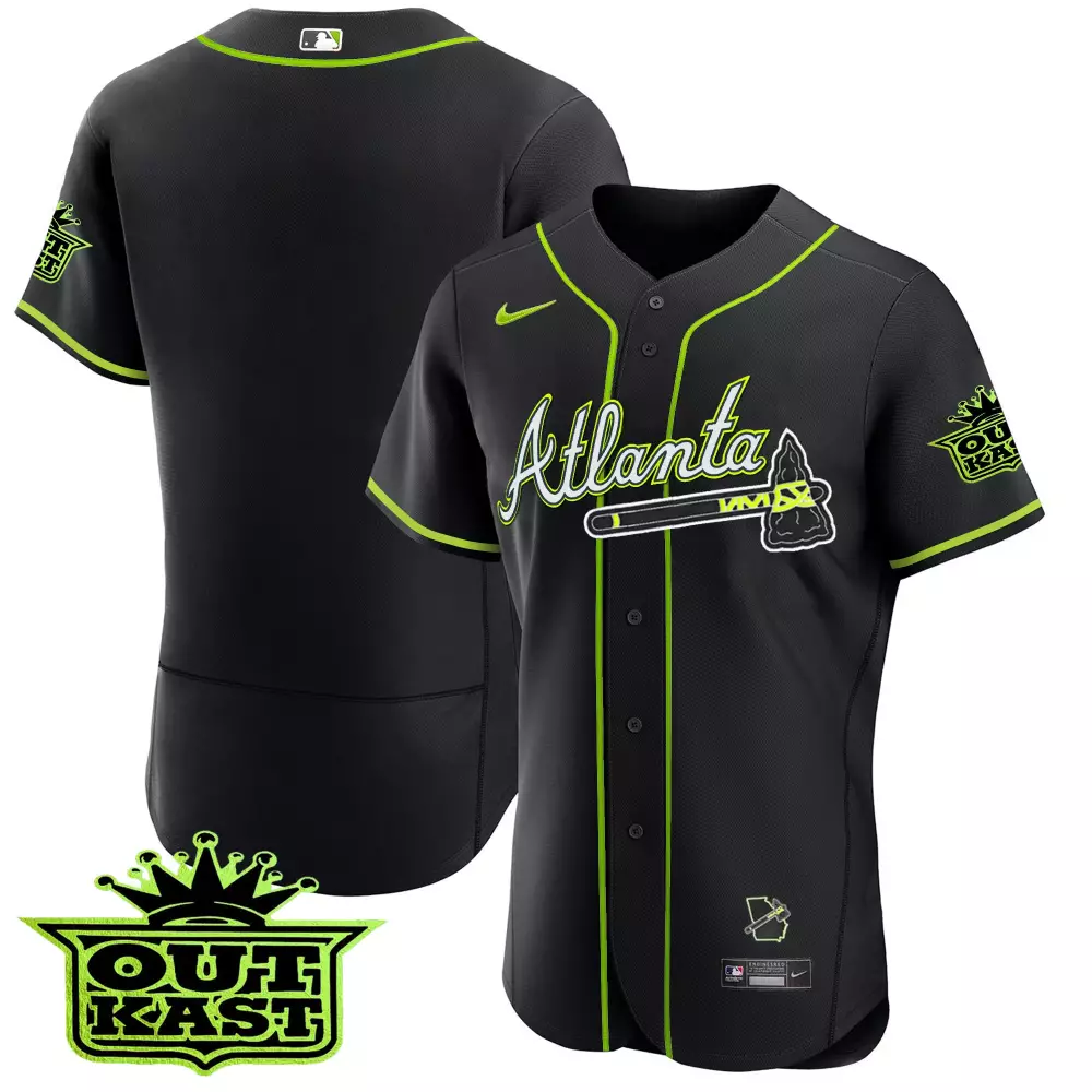 Outkast Atlanta Braves Jersey Black 2024 Men Alternate Neon Green White All Stitched