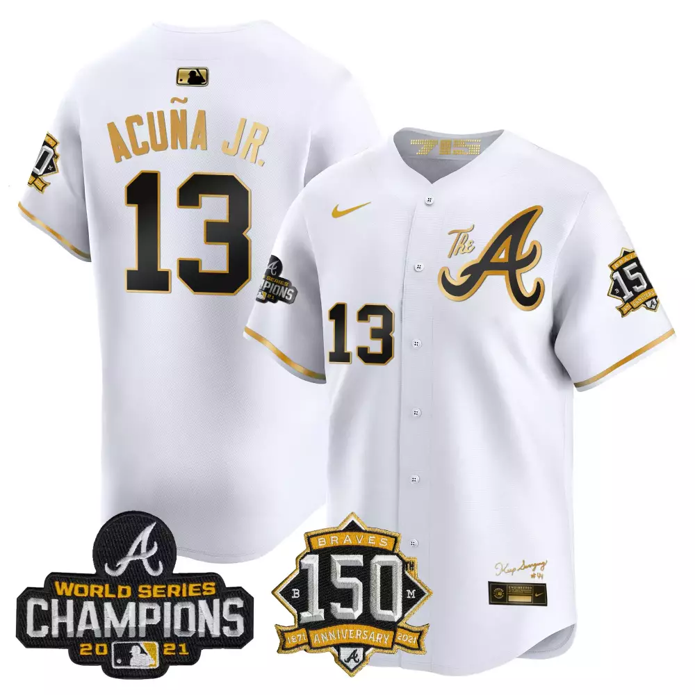 Ronald Acua Jr. 13 Atlanta Braves Jersey White World Series Champions 2021 150th Anniversary 1871-2021