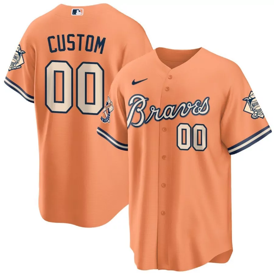 Custom Braves Jersey Orange Men Navy Cream All Stitched Vapor