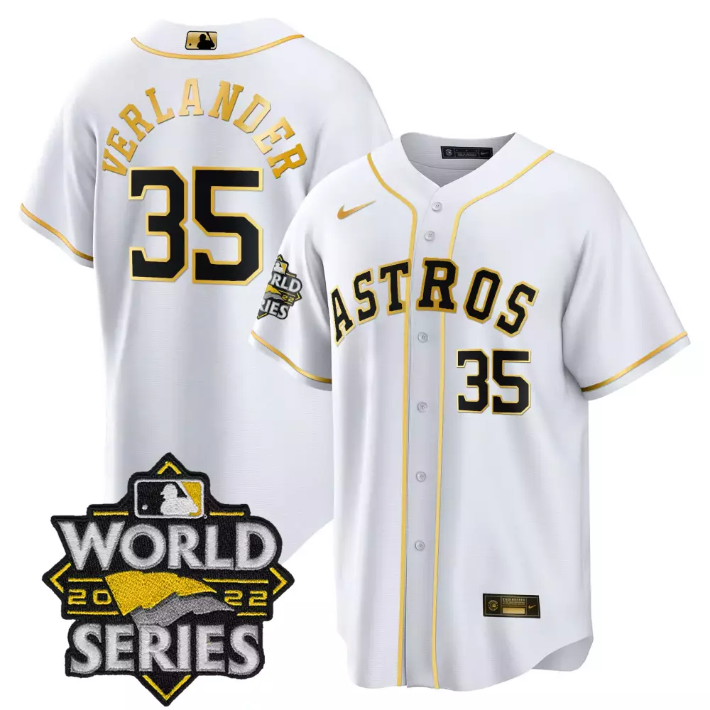 Verlander Male 35 Astros Jersey White World Series 2022 Men Gold Black All Stitched