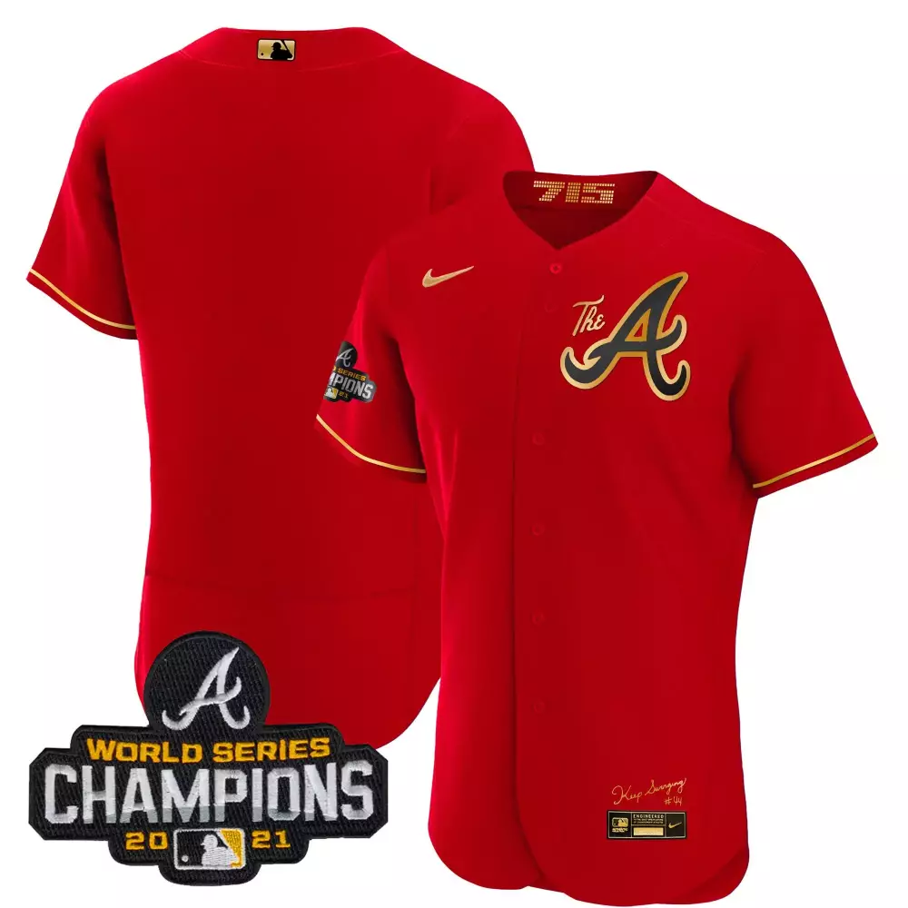 Marcell Ozuna 20 Atlanta Braves Jersey Red 2021 World Series Champions Men Gold Flex