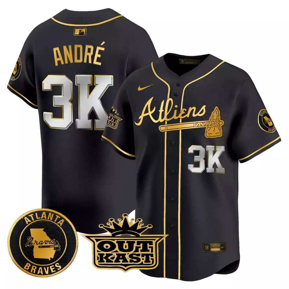 Andre Atliens 3 Atlanta Braves Jersey Black Outkast 2023 Men Alternate Gold Silver