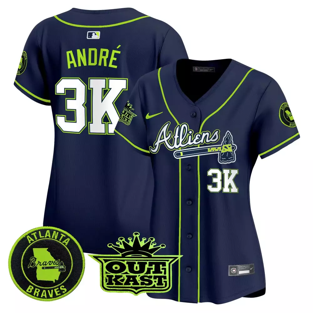 Andre Atliens 3 Atlanta Braves Jersey Navy Outkast 2023 Men Neon Green White Vapor