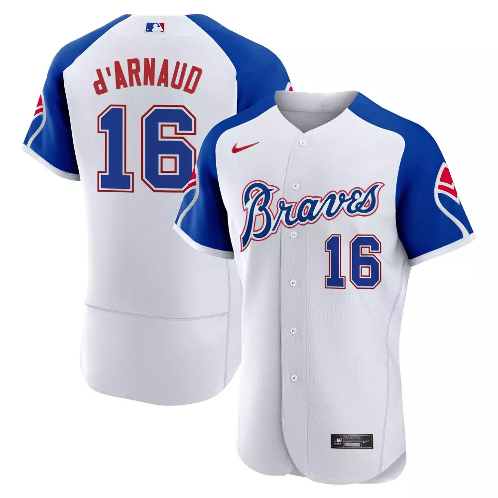 D Arnaud 16 Braves Jersey White Men Blue Red Stitched