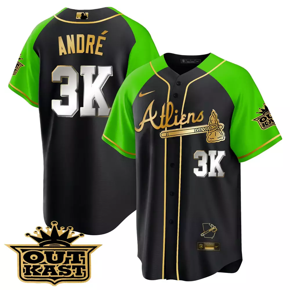 Andr Outkast Atlanta Braves Jersey Black Georgia Outline 2023 Men Alternate Neon Green