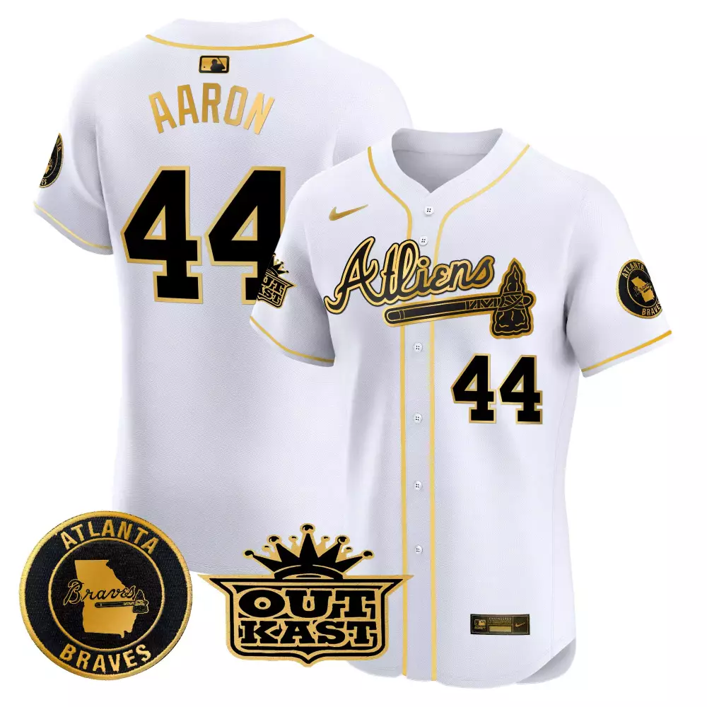 Aaron Outkast 44 Atlanta Braves Jersey White Men Gold Black All Stitched Vapor