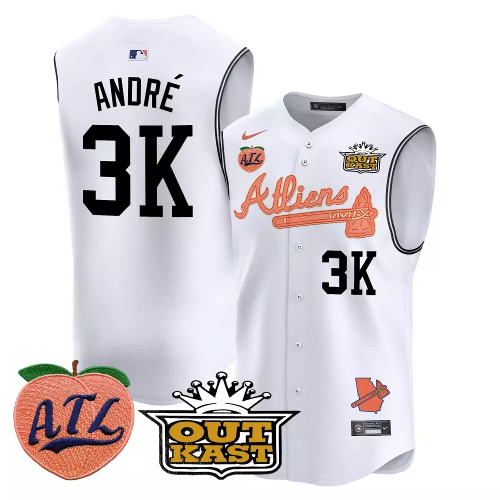 Andr Outkast 3 Atlanta Braves Jersey White Collaboration Atl Peach Georgia Outline Tomahawk
