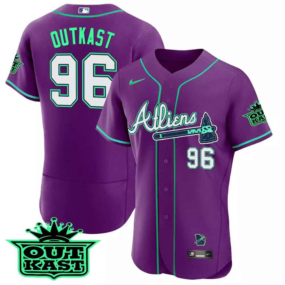 Outkast Atliens 96 Atlanta Braves Jersey Purple Men Green White Flex Base Stitched