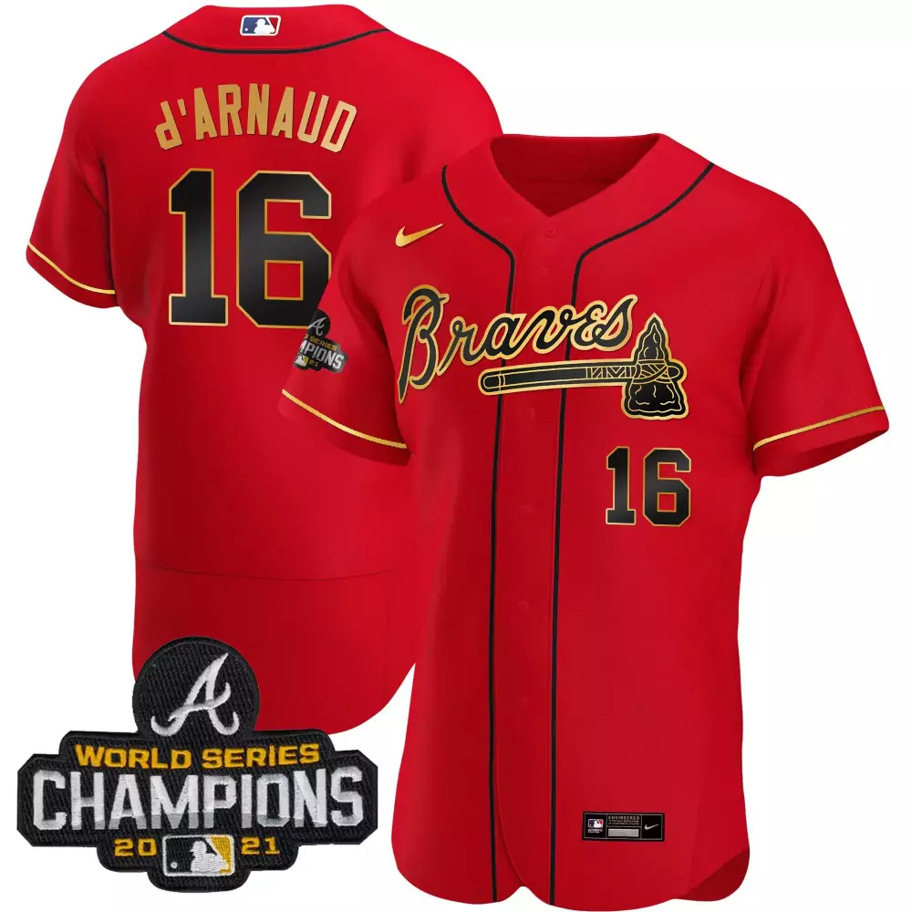 D Arnaud 16 Braves Jersey Red World Series Champions 2021 Men Black Gold All Stitched