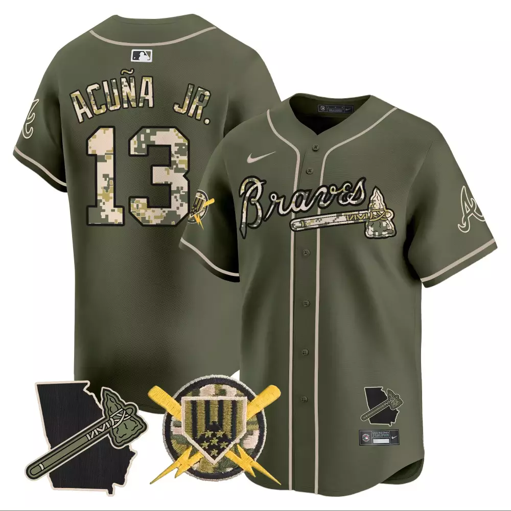 Ronald Acuna Jr. 13 Braves Jersey Olive Green Military Appreciation Georgia Outline Tomahawk Circular Stars Lightning Bolts