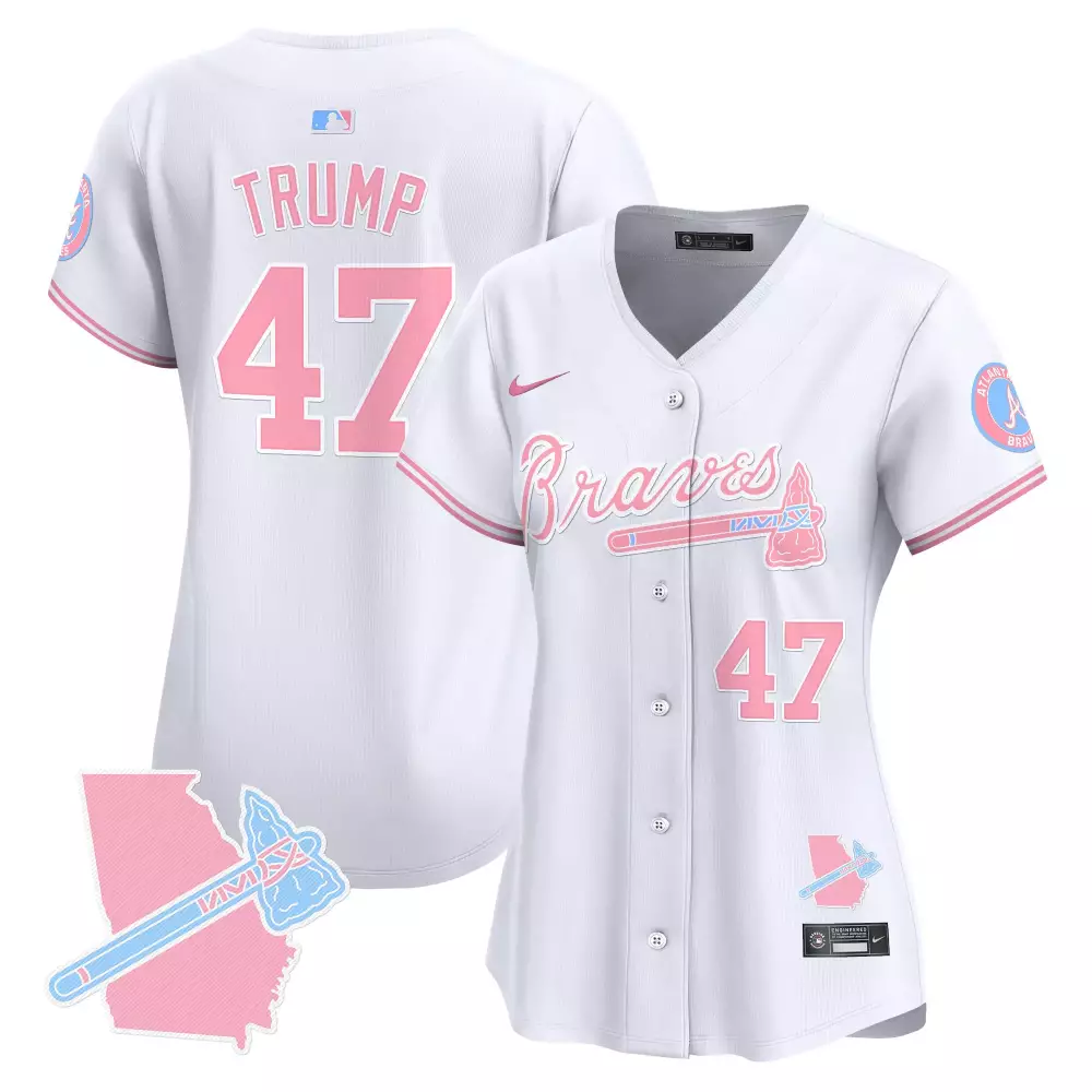 Donald Trump 47 Atlanta Braves Jersey White Breast Cancer Awareness Georgia State Outline Tomahawk