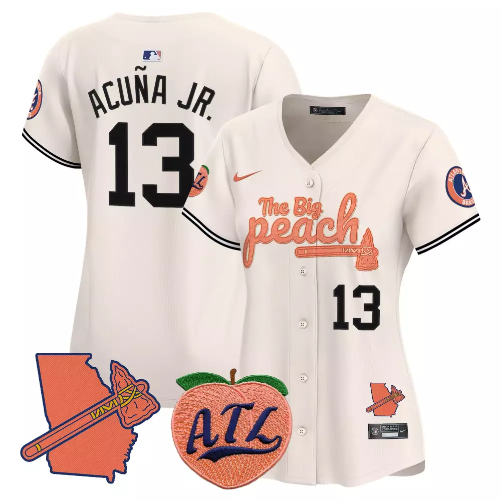 Ronald Acuna Jr. 13 Jersey White The Big Peach Atlanta Braves Georgia Outline Tomahawk