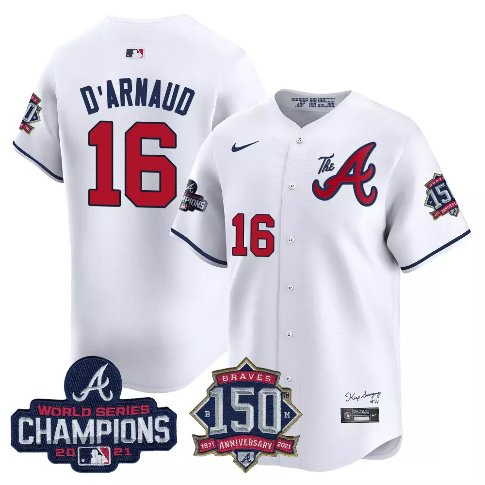 D Arnaud 16 Atlanta Braves Jersey White World Series Champions 2021 150th Anniversary 1871-2021