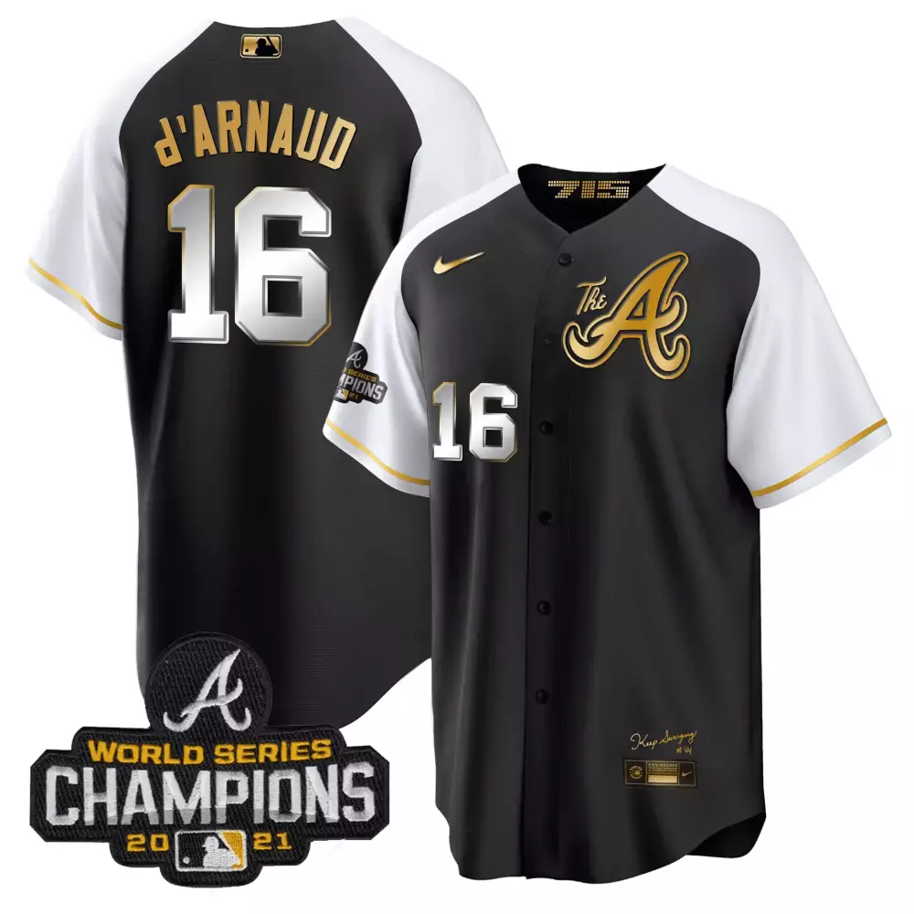 D Arnaud 16 Atlanta Braves Jersey Black 2021 World Series Champions Men White Gold
