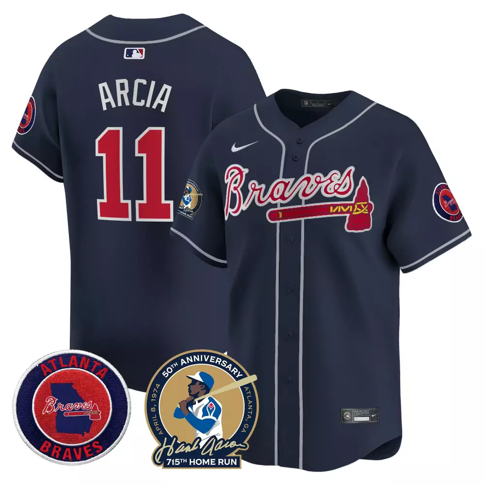 Orlando Arcia 11 Atlanta Braves Jersey Navy Hank Aaron 50th Anniversary 2024 Men