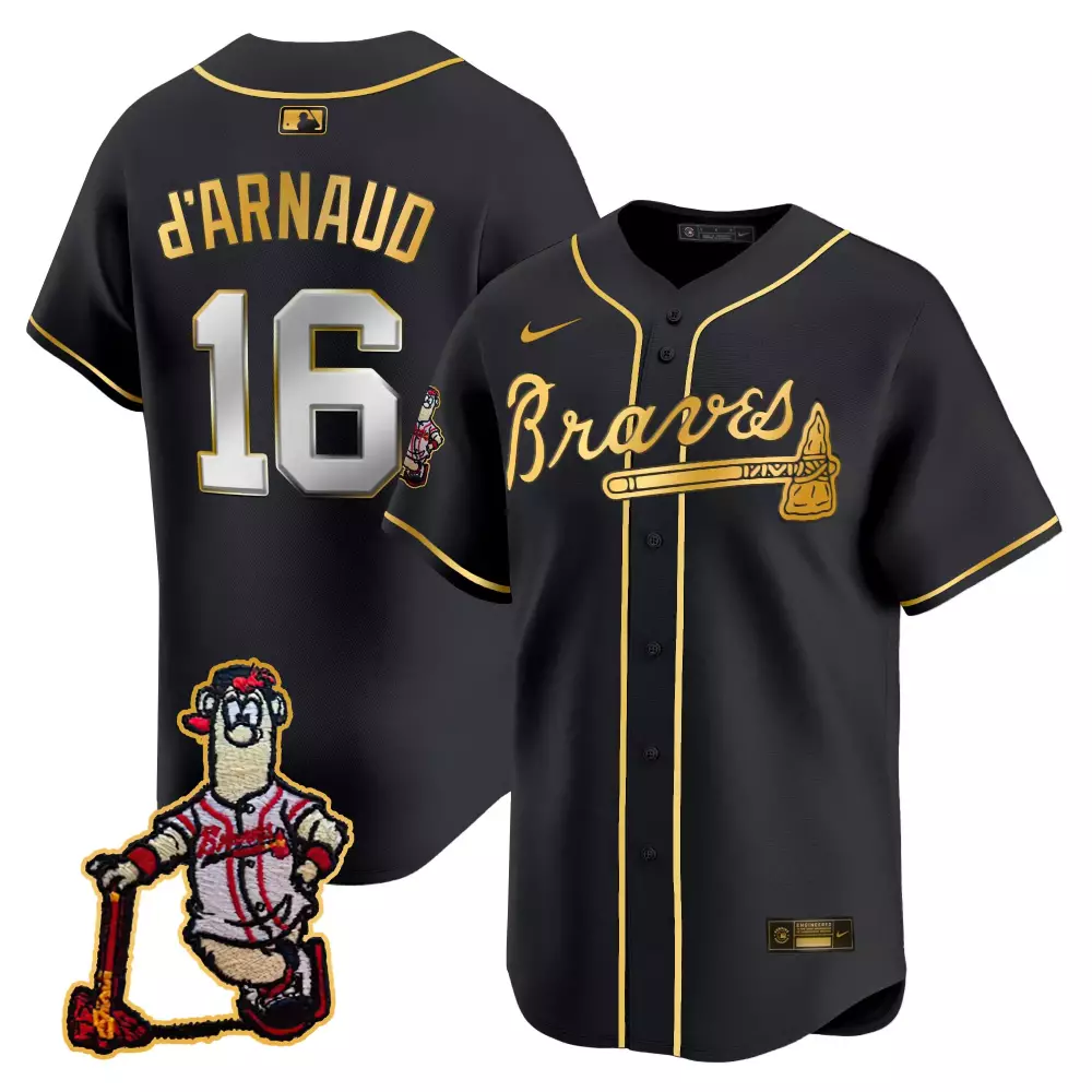 D Arnaud 16 Braves Jersey Black Screaming Indian Mascot Men Gold White All Stitched