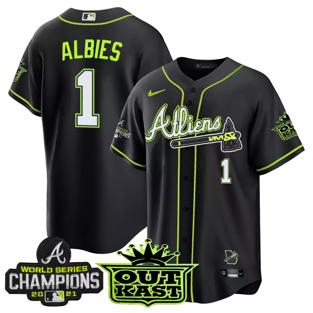 Albies Outkast 1 Atlanta Braves Jersey Black World Series Champions 2021 Men Neon Green