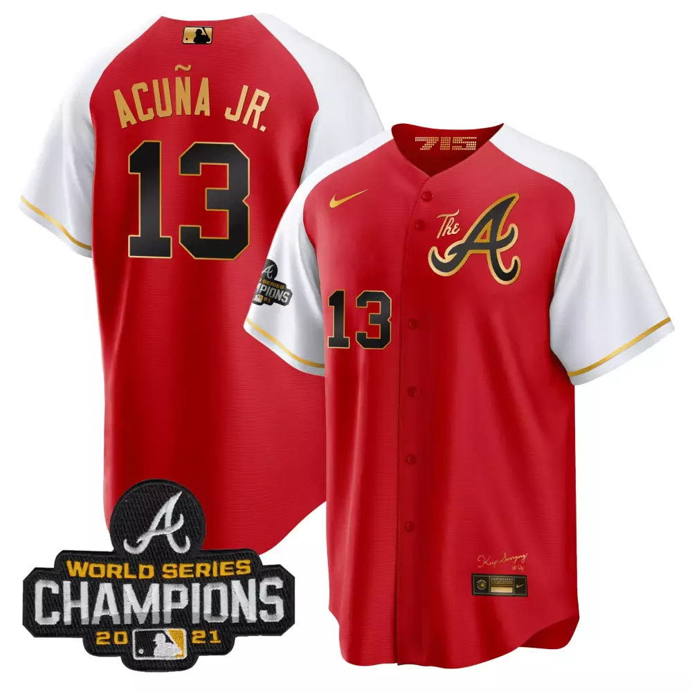 Ronald Acuna Jr. 13 Jersey Red 2021 World Series Champions Atlanta Braves Men White