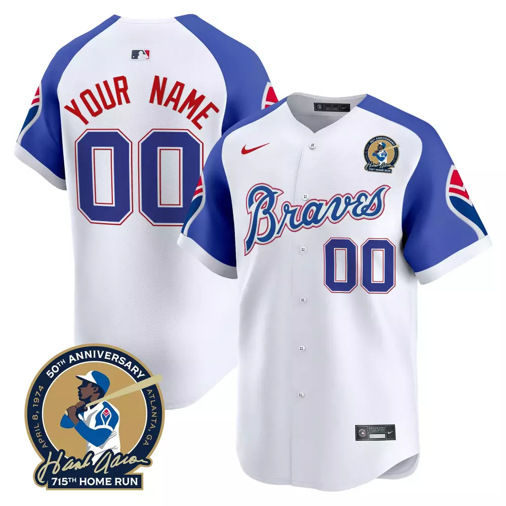 Custom Braves Jersey White Hank Aaron 715th Home Run Blue Red Stitched Anniversary