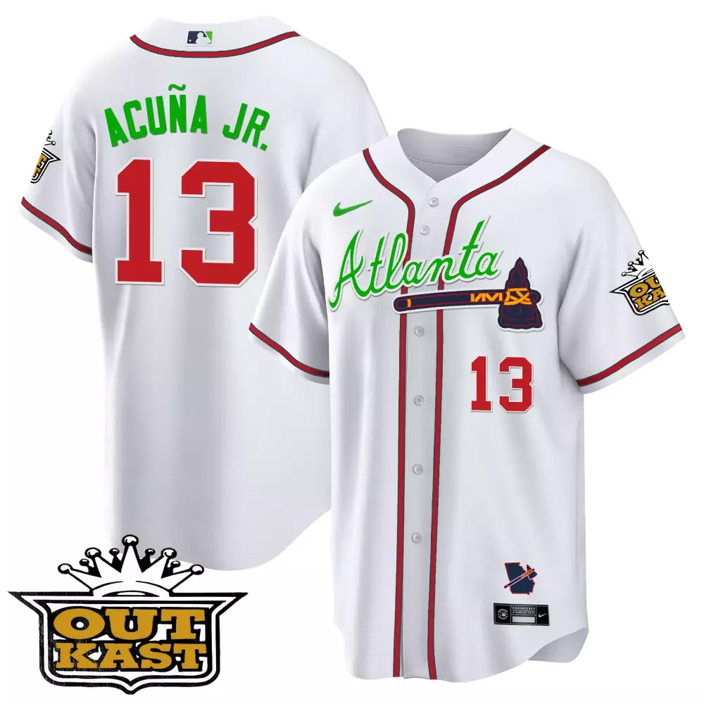 Acua Jr. 13 Atlanta Braves Jersey White Outkast Men Red Green All Stitched Vapor