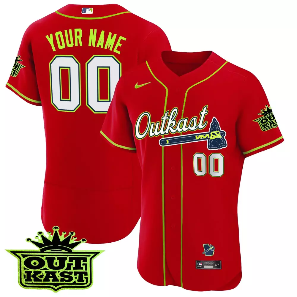 Custom Outkast Jersey Red Atlanta Braves Tomahawk Yellow Navy Flex Base All Stitched