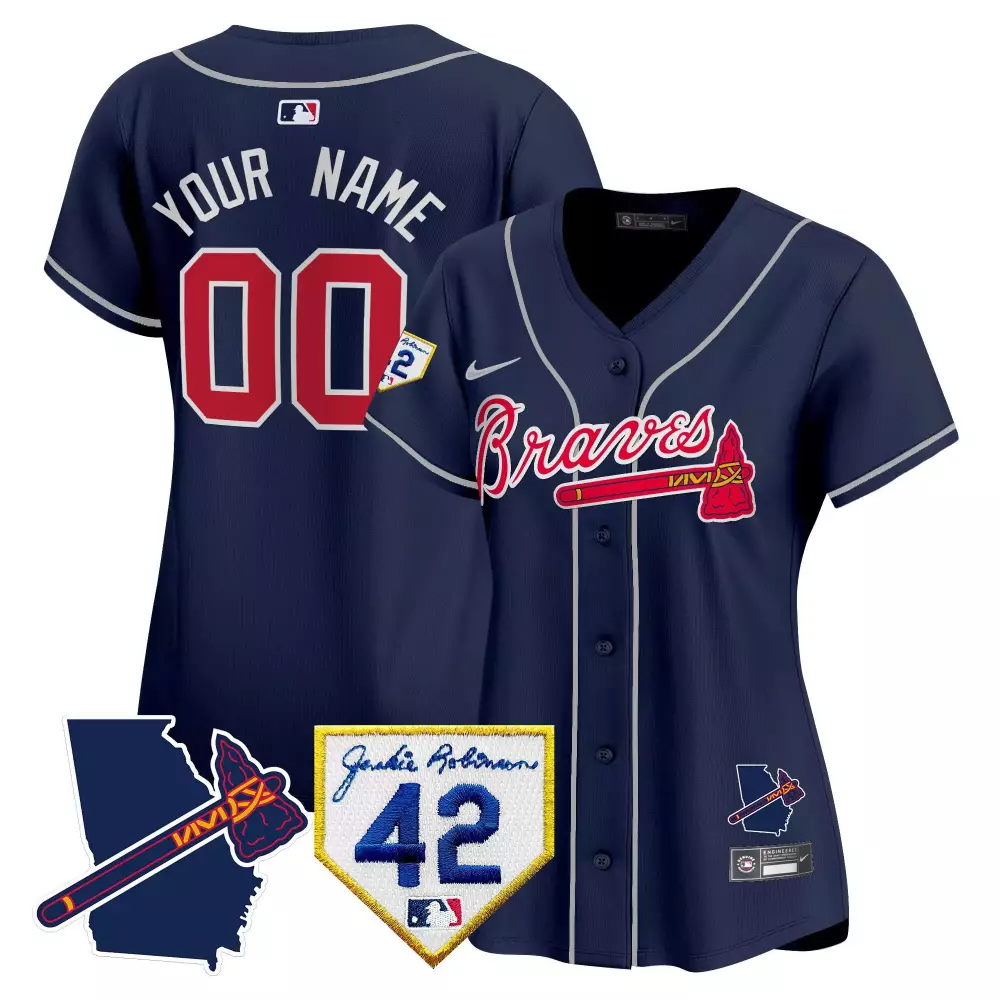 Custom Atlanta Braves Jersey Navy Blue Jackie Robinson Day 42 Georgia State Outline Tomahawk