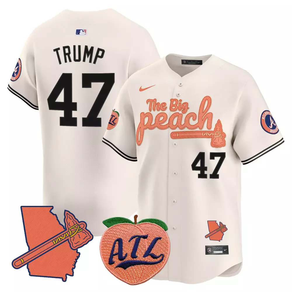 Donald Trump 47 Atlanta Braves Jersey White City Connect Georgia State Outline Tomahawk Peach Atl
