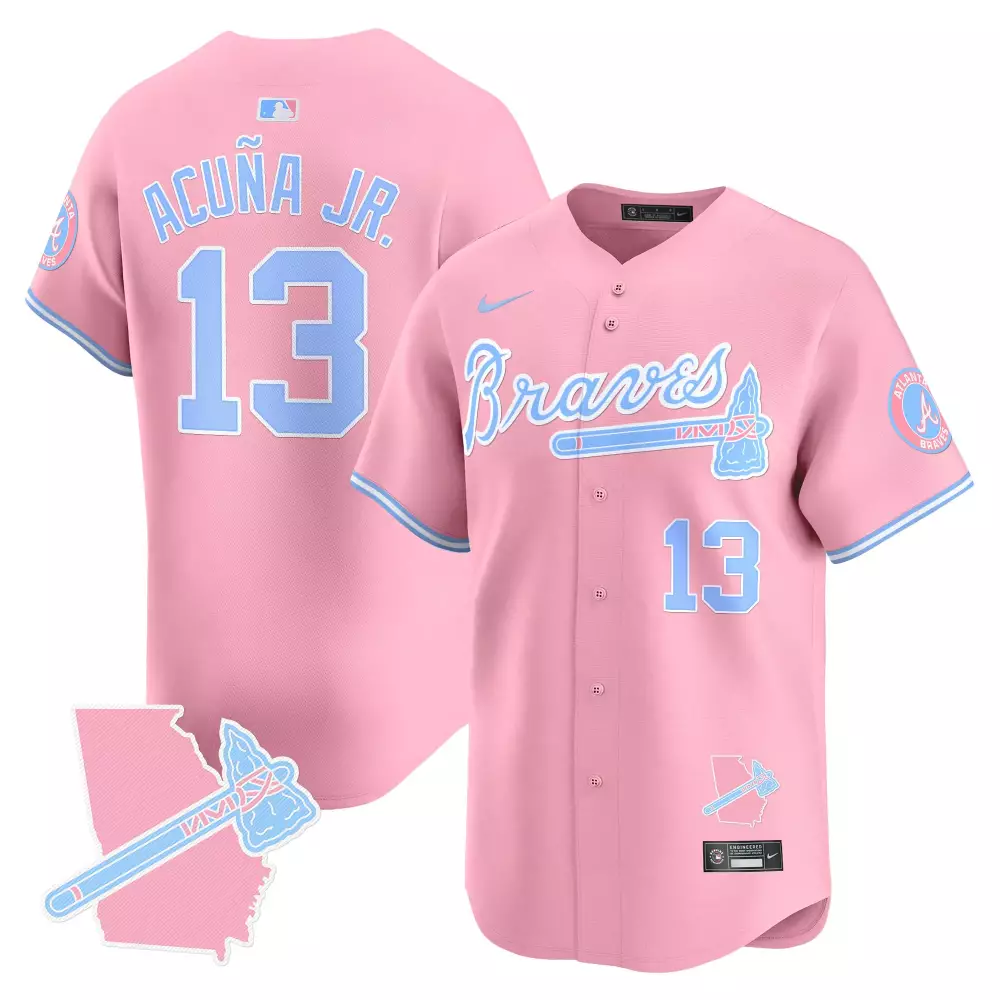 Acua Jr. 13 Braves Jersey Pink Atlanta Georgia Outline Tomahawk Men Alternate Light Blue