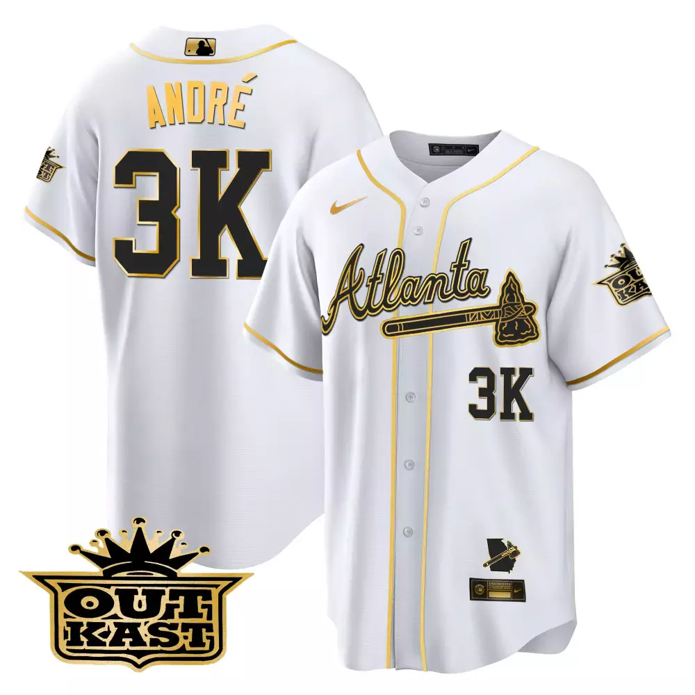 Andr Outkast 3 Atlanta Braves Jersey White Tomahawk Georgia State Outline 2023 Men