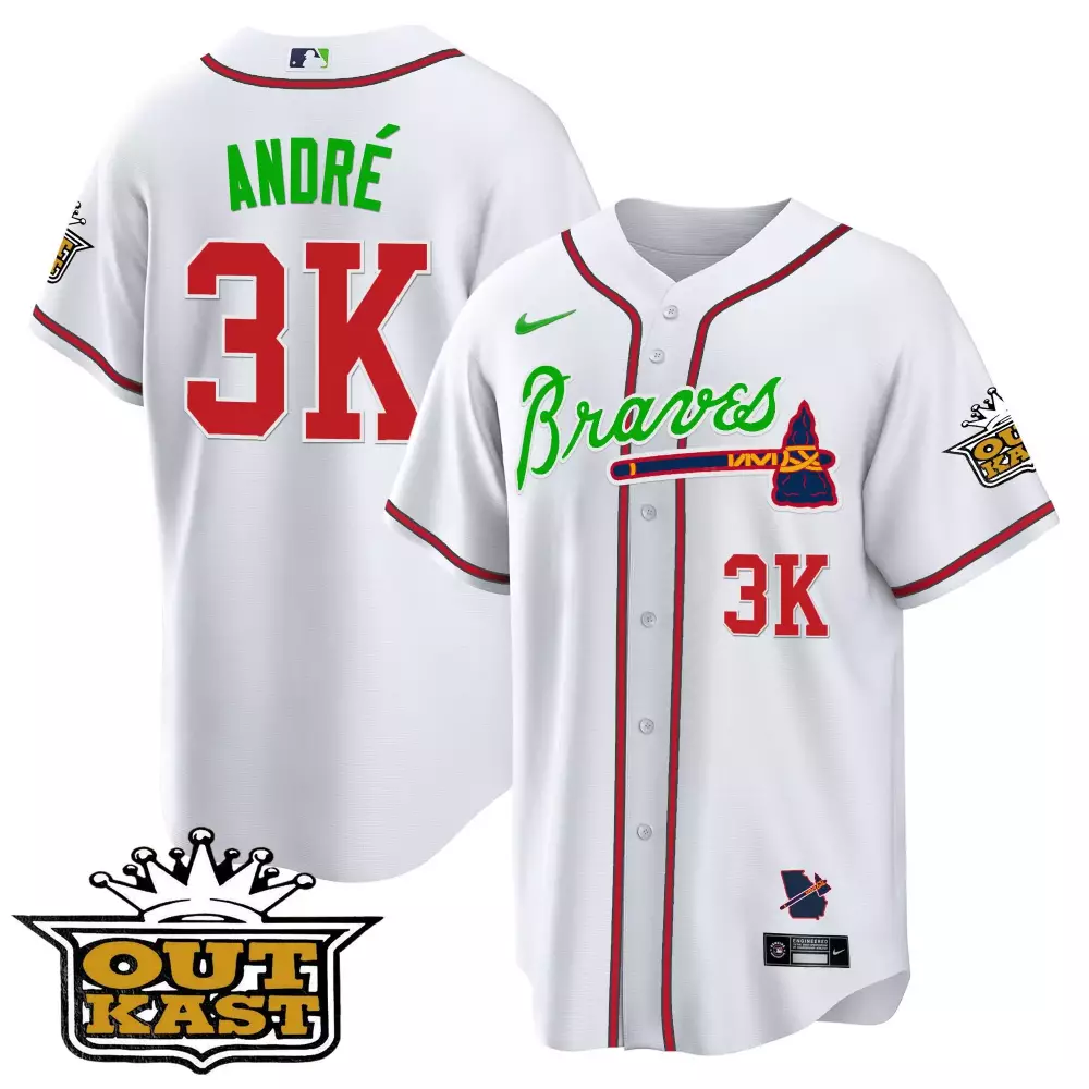 Andre Outkast 3 Braves Jersey White Championship Men Red Green Cool Base v2 All Stitched