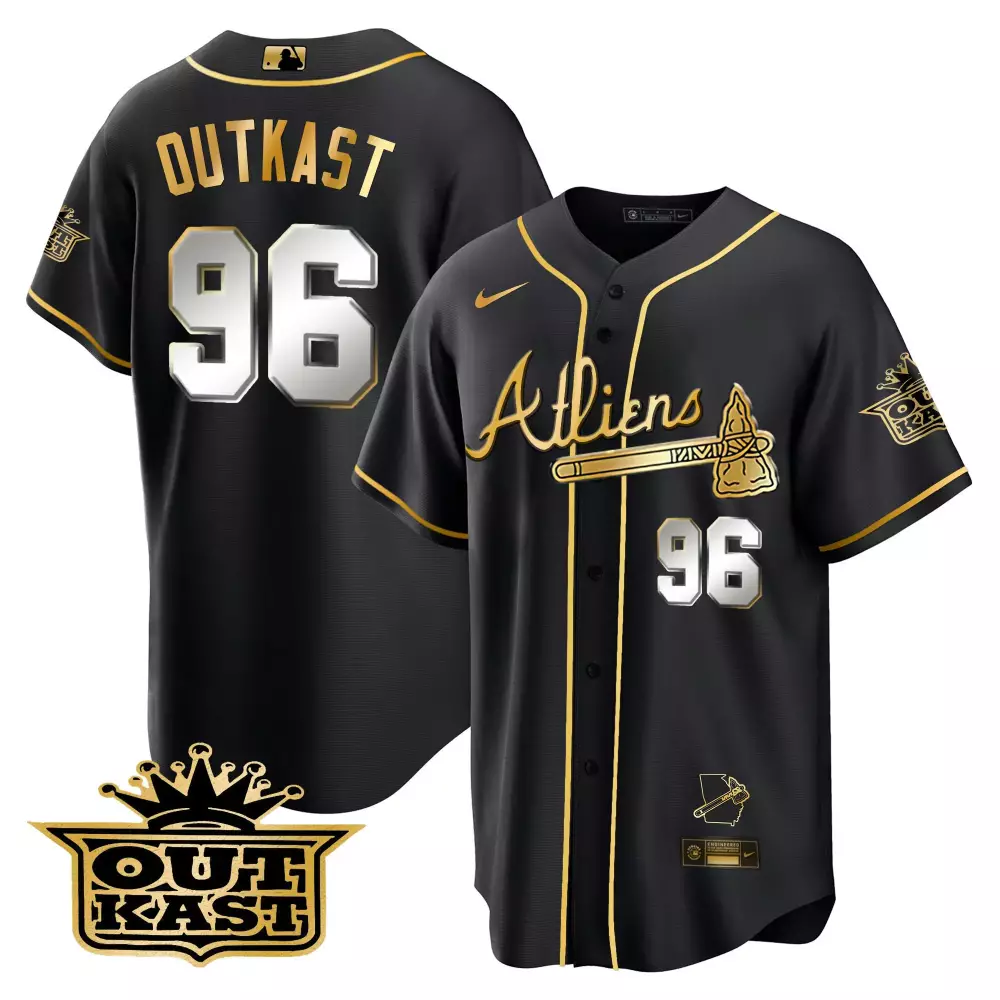 Outkast 96 Atlanta Braves Jersey Black Alternate Georgia Outline Tomahawk Men Gold