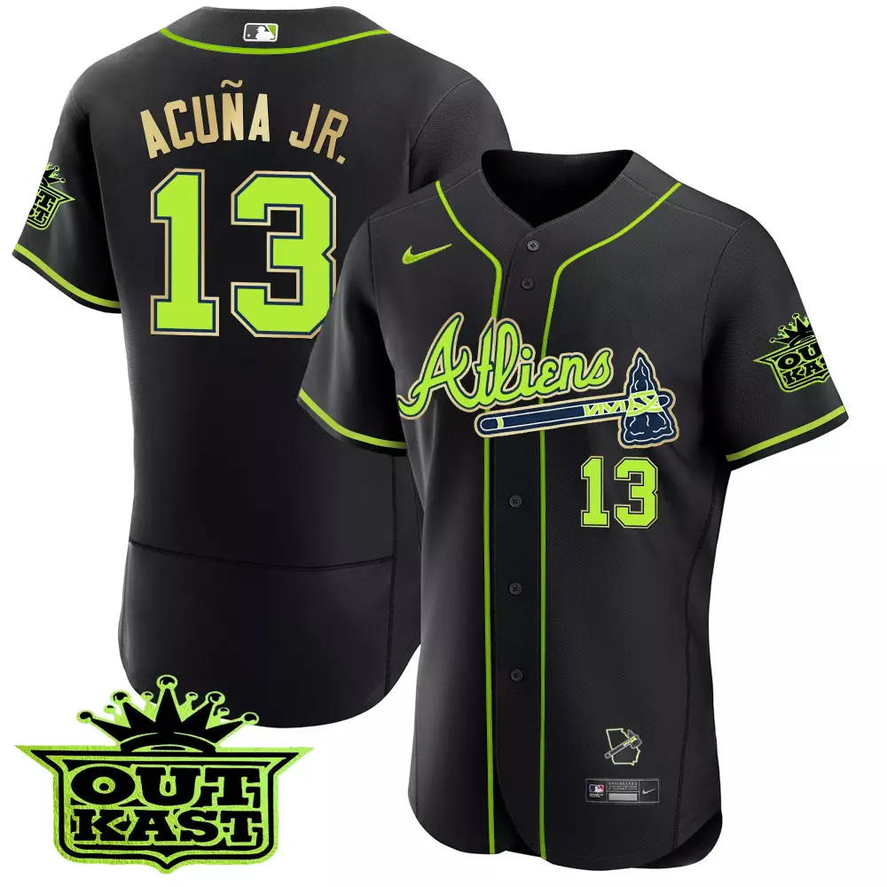 Acua Jr. 13 Atlanta Braves Jersey Black Outkast 2023 Men Alternate Neon Green Gold