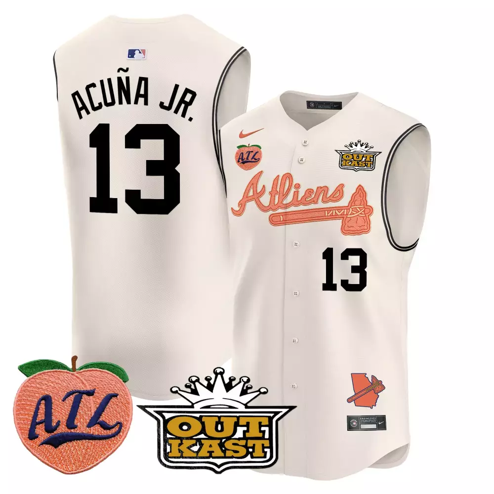 Ronald Acuna Jr. 13 Jersey White Outkast Atlanta Braves Atl Peach Men Black Stitched
