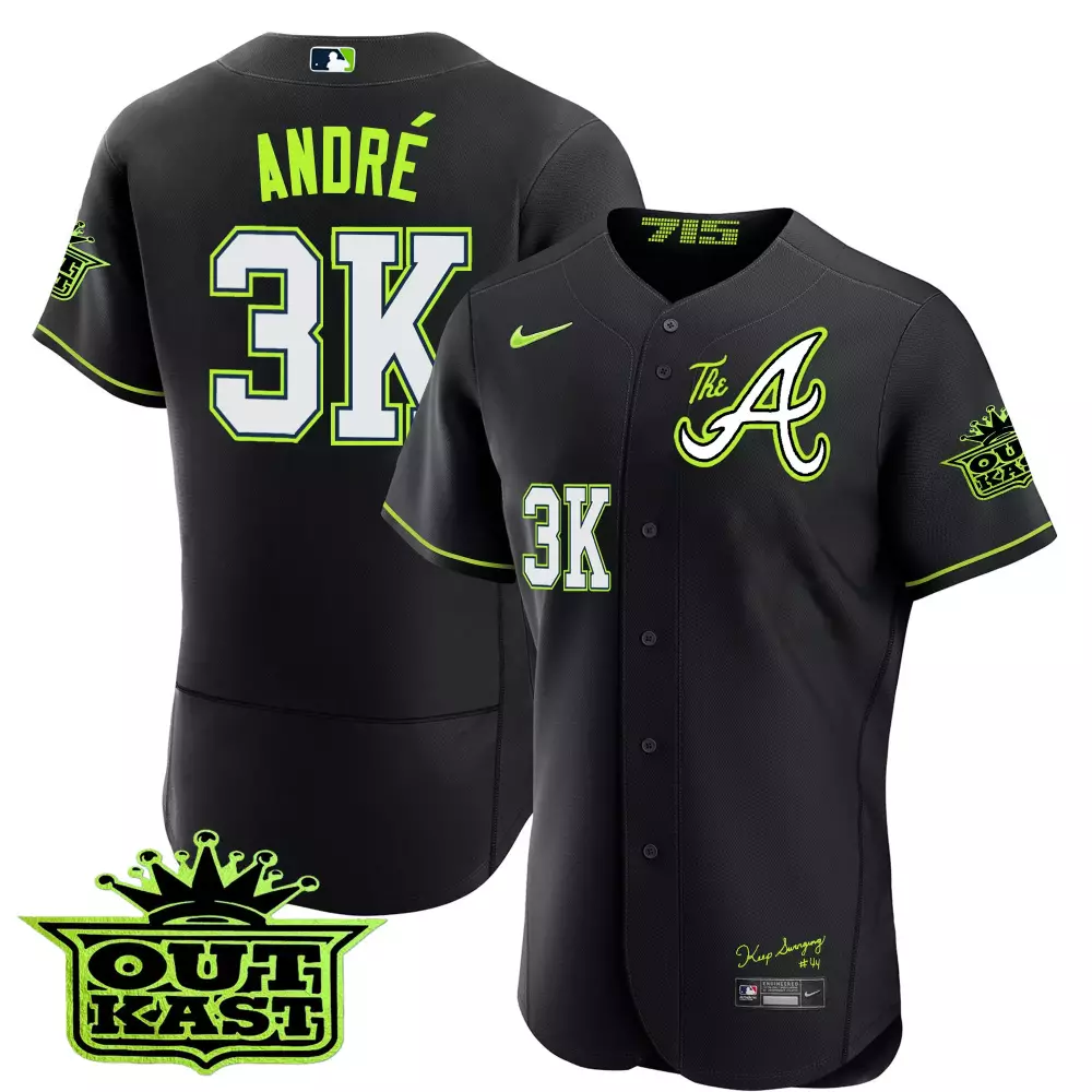 Andr Outkast 3 Atlanta Braves Jersey Black Men Neon Green White All Stitched Vapor