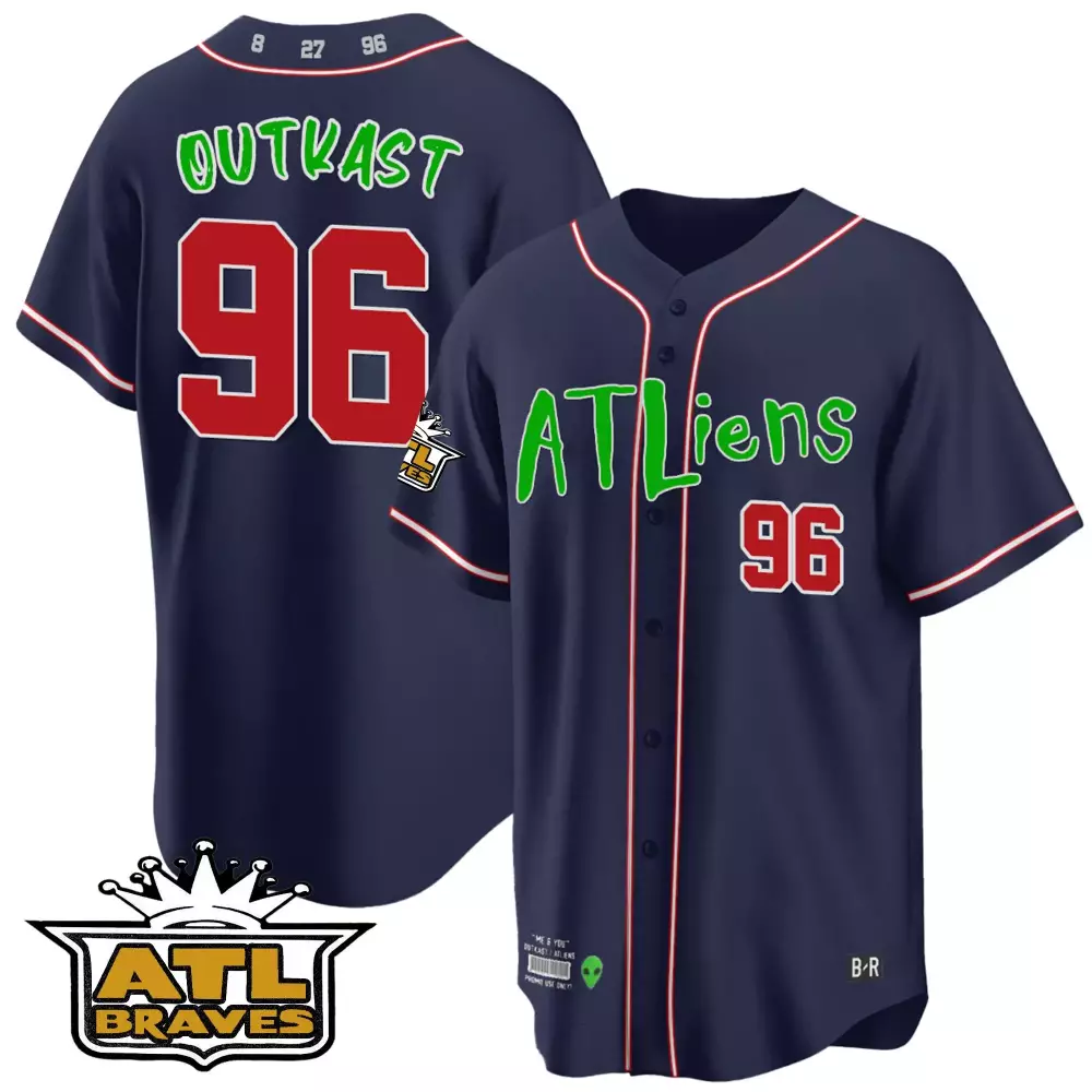 Outkast Atliens 96 Atl Braves Jersey Navy Men Red Green White Cool Base All Stitched
