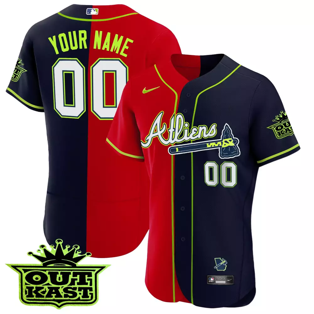 Custom Atlanta Braves Jersey Navy Blue Outkast Map Men Split Design Red Yellow Lime Green