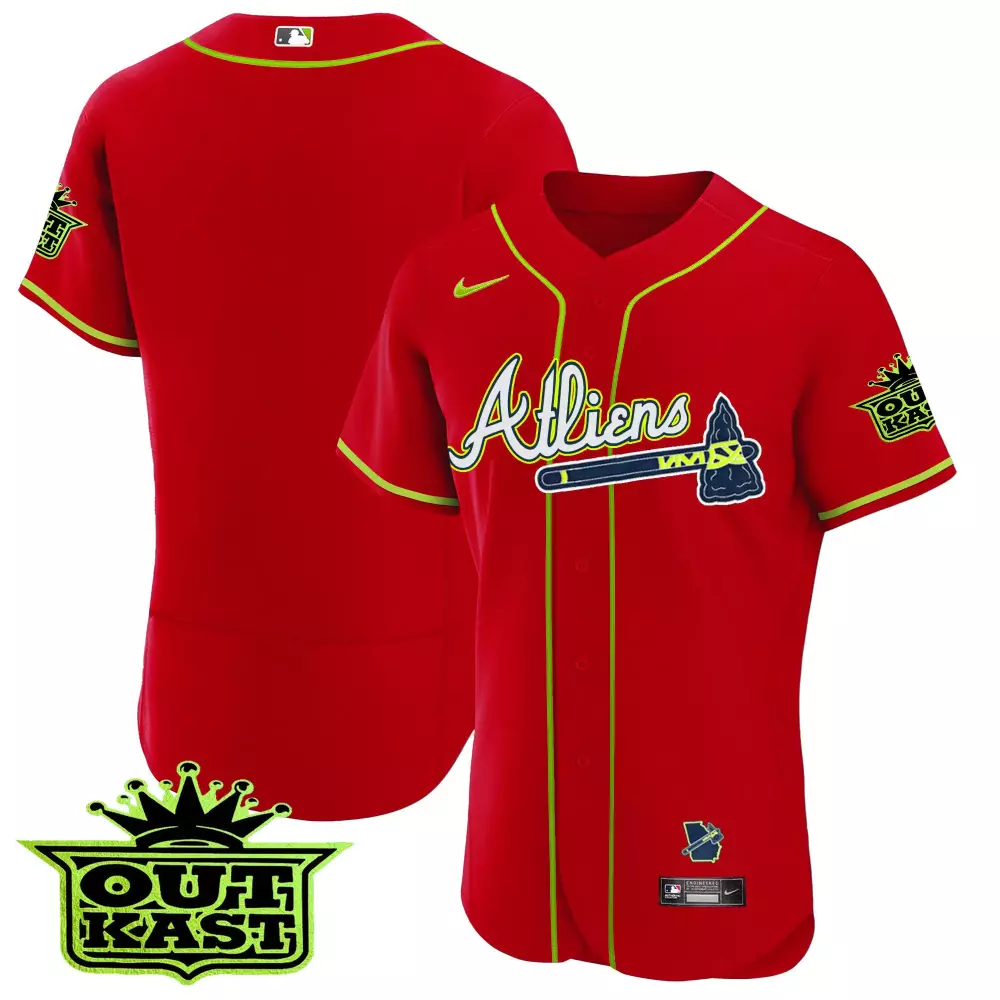 Outkast Atlanta Braves Jersey Red Georgia Outline Men Lime Green Flex Base All Stitched
