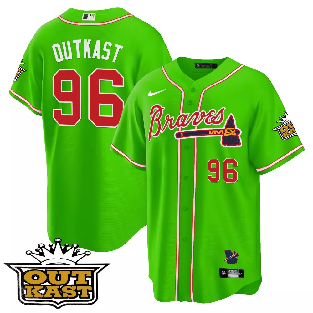 Outkast Bright 96 Atlanta Braves Jersey Lime Green Men Alternate Red White Navy Cool