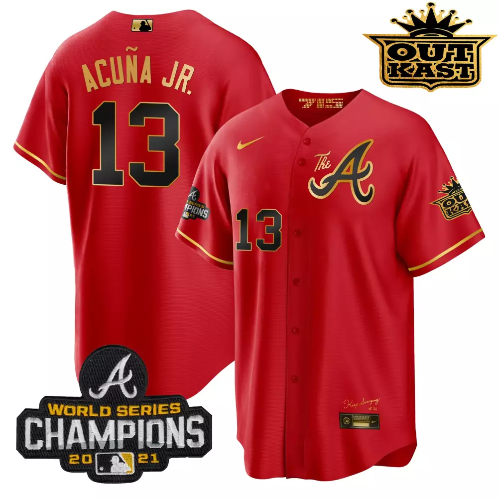 Ronald Acua Jr. 13 Atlanta Braves Jersey Red World Series Champions 2021 Men Gold