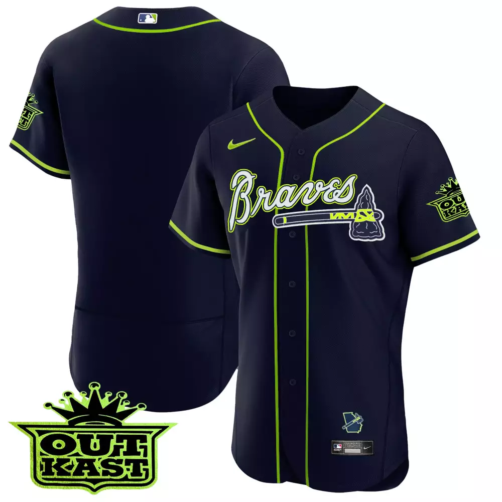Marcus Stroman 13 Atlanta Braves Jersey Navy Outkast Men Neon Green Flex Base v2