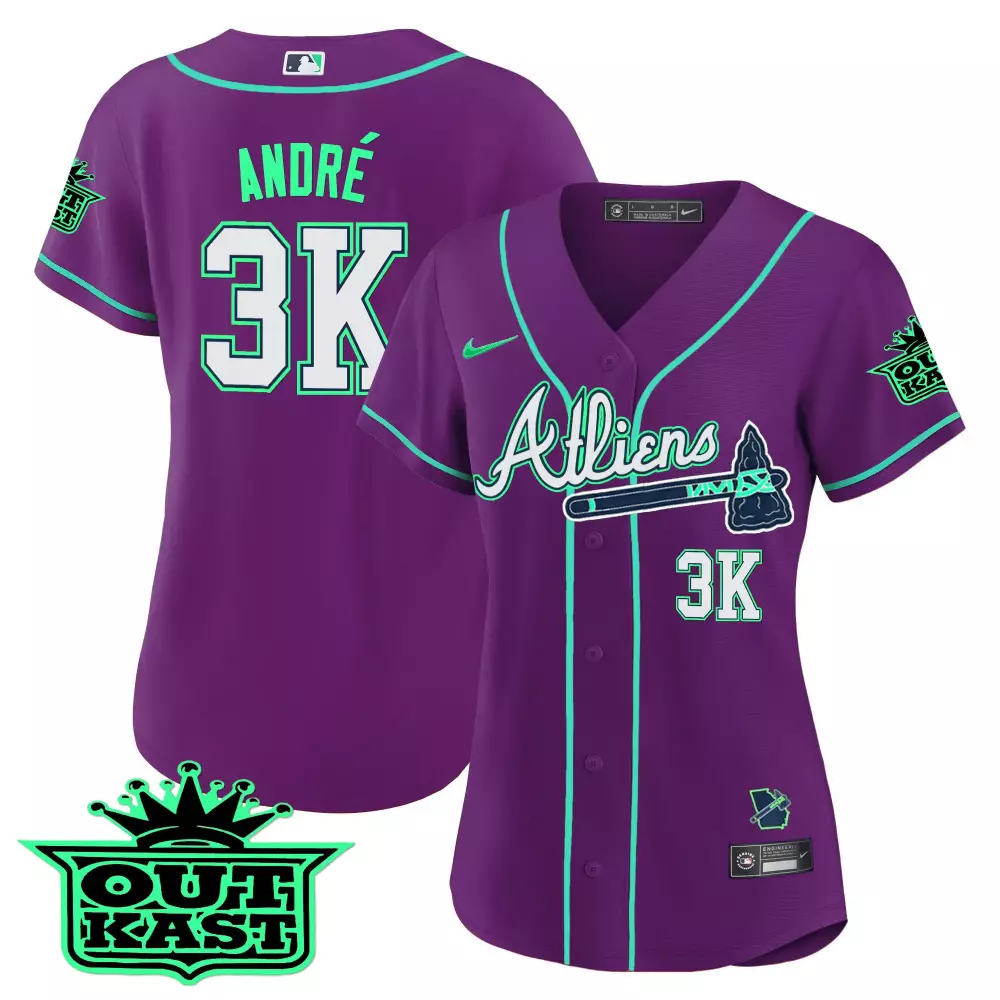 Andre Atliens 3 Atlanta Braves Jersey Purple Outkast Outline 2024 Men Teal White