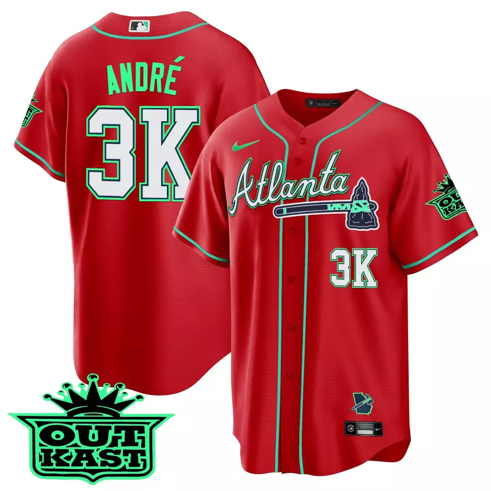 Andre Outkast 3 Atlanta Braves Jersey Red 2024 Men Green White Navy Cool Base v3