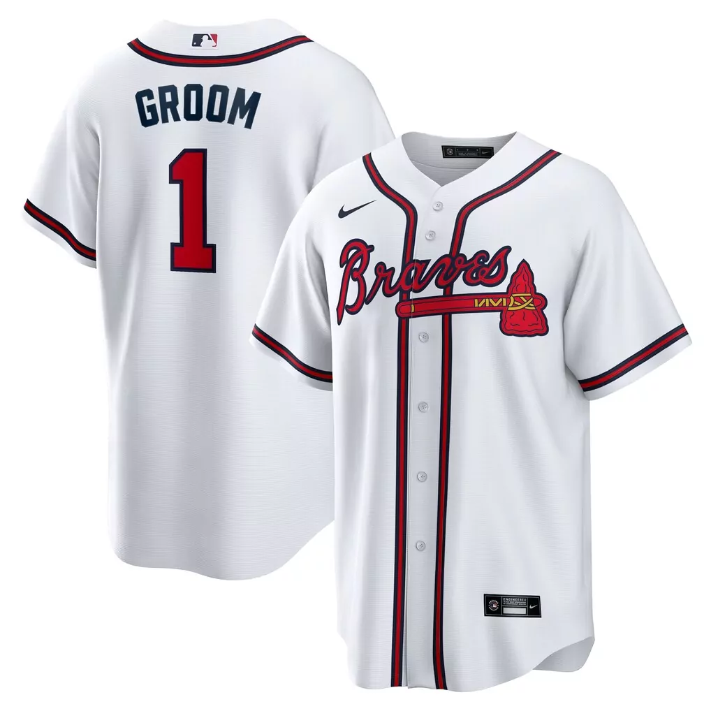 Groom 1 Braves Jersey White Men Navy Red Home Replica