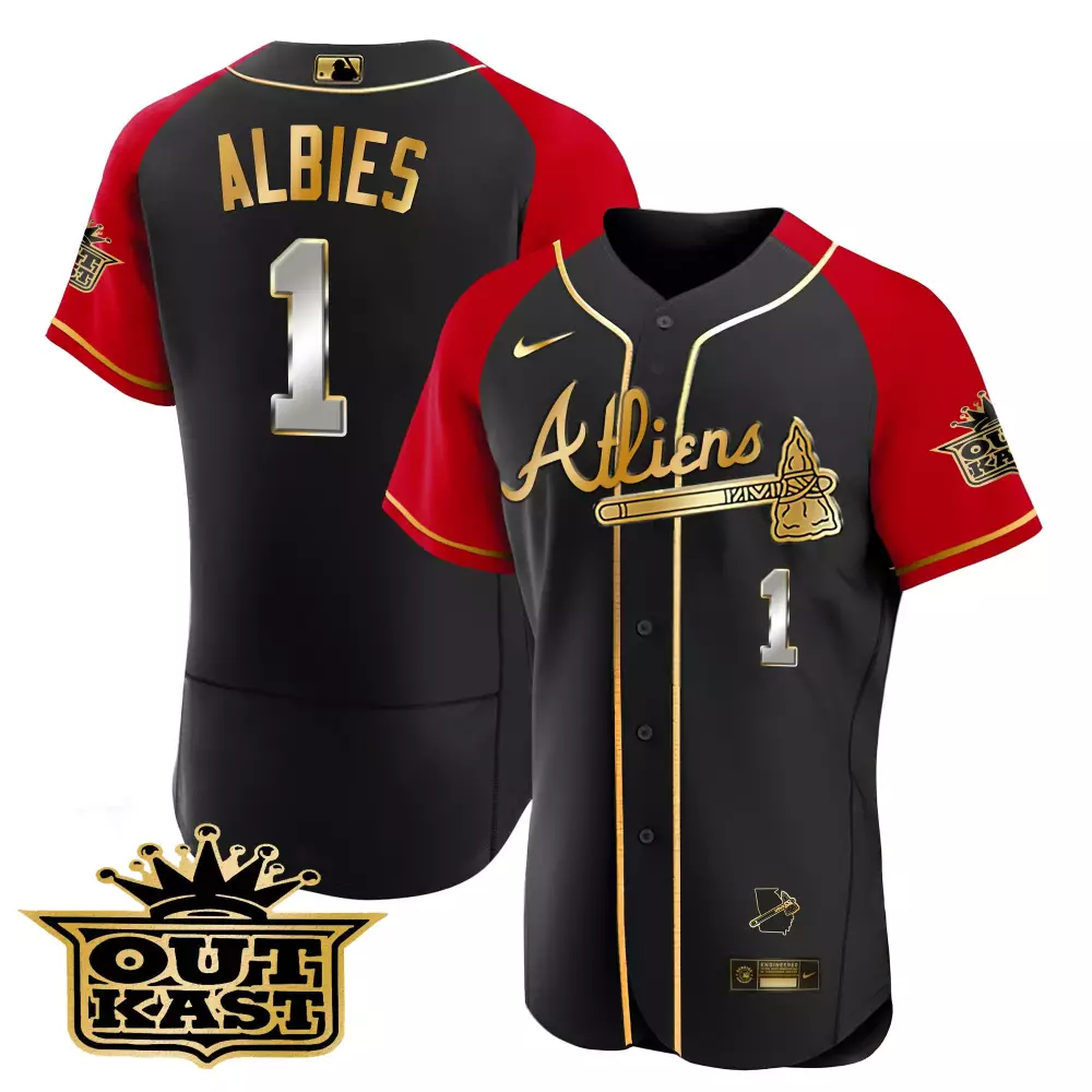 Albies Outkast 1 Braves Jersey Black Men Alternate Red Gold All Stitched Vapor