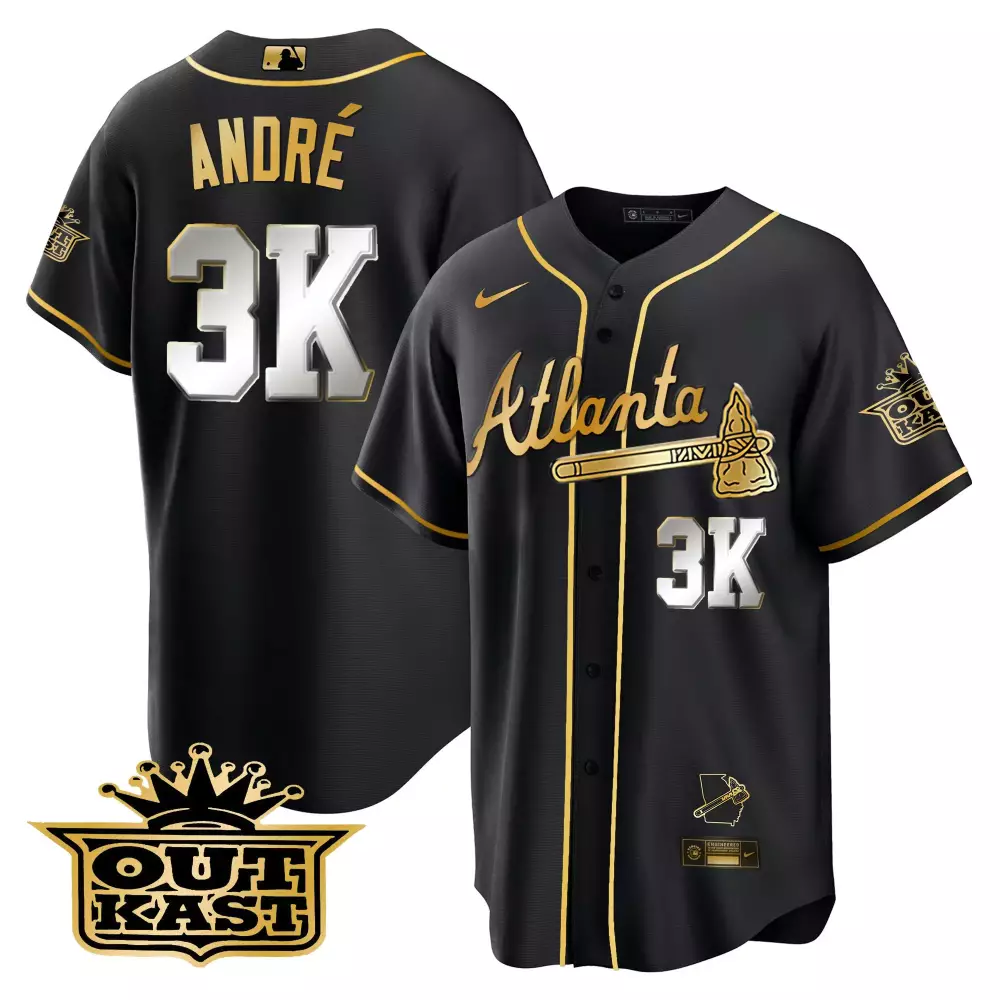 Andr Outkast 3 Atlanta Braves Jersey Black Men Gold All Stitched Vapor